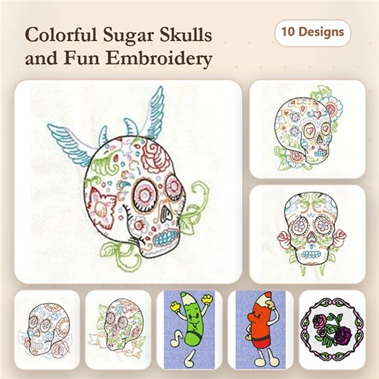 Colorful Sugar Skulls Embroidery Designs Bundle – Winged Sugar Skull, Cactus, Red Pepper & More (10 Designs)