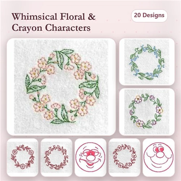 Redwork Floral Embroidery Bundle – Floral Wreaths, Crayon Characters & More (20 Designs)