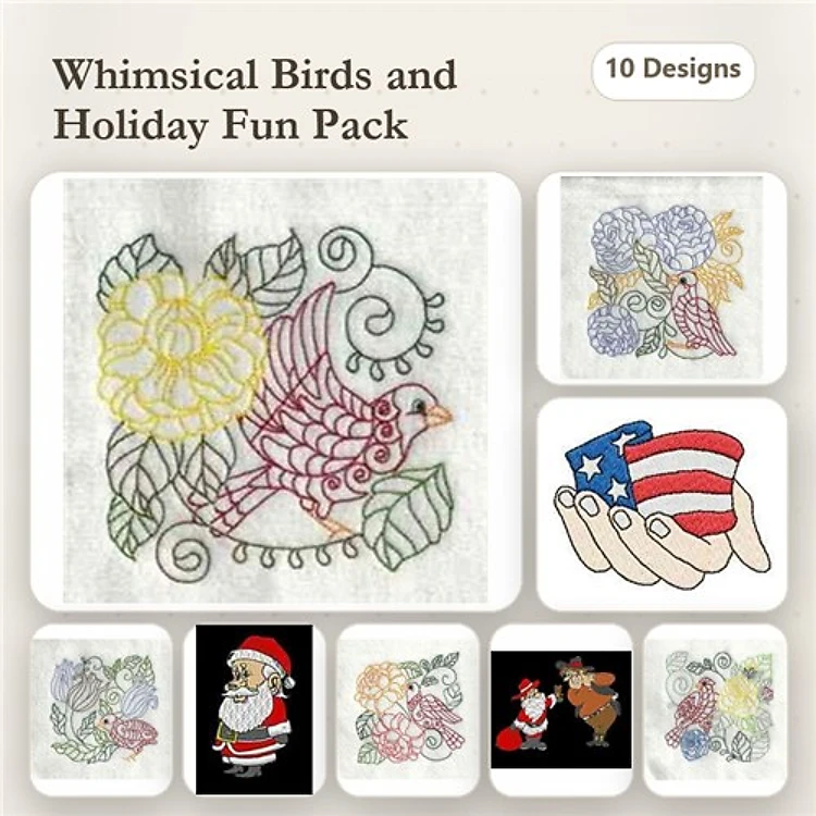 Redwork Holiday Embroidery Bundle – Santa Claus, American Flag, Bluebird & More (10 Designs)