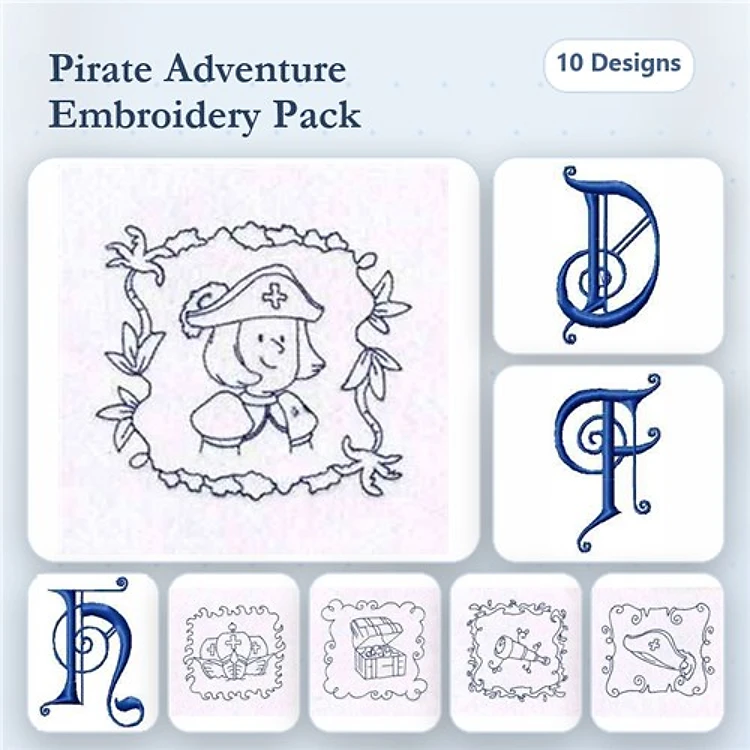Redwork Pirate Embroidery Designs Bundle – Pirate Girl, Treasure Chest, Ship & More (10 Designs)
