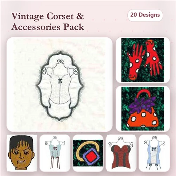 Applique Vintage Corsets & Accessories Embroidery Designs Bundle – Vintage Corset, Pair of Gloves, Red Bow & More (20 Designs)