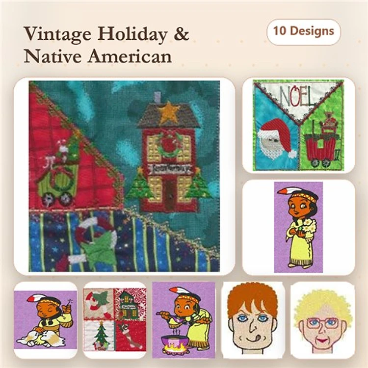 Applique Vintage Holiday & Native American Embroidery Designs Bundle – Christmas House, Santa Face, Holiday Train & More (10 Designs)