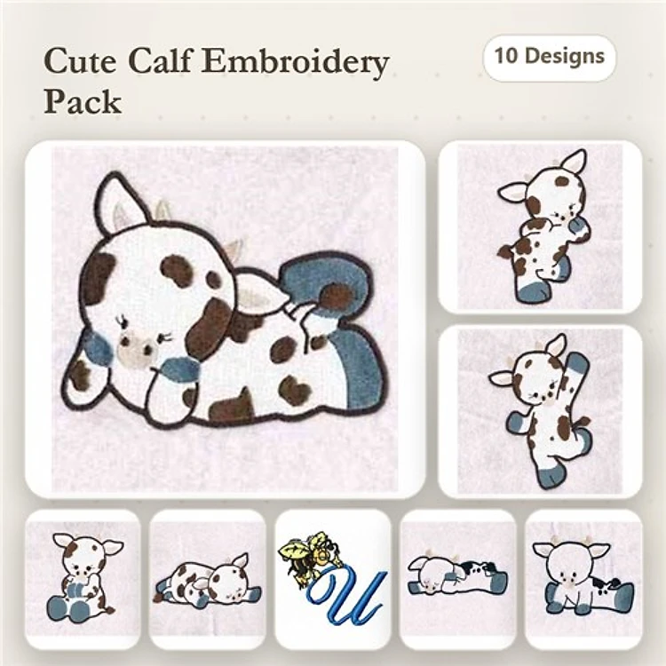 Applique Cute Calf Embroidery Bundle – Lying Calf, Calf with Flower, Calf on Blanket & More (10 Designs)