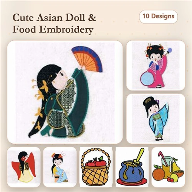 Applique Cute Asian Doll and Food Embroidery Designs Bundle – Asian Doll with Fan, Jar of Soup, Curry Dish & More (10 Designs)