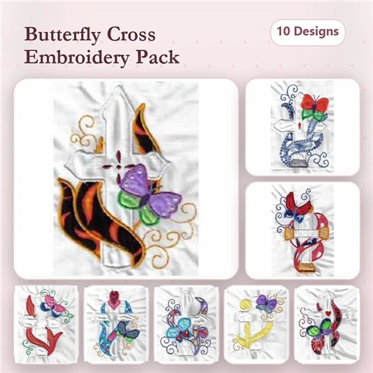 Applique Butterfly Cross Embroidery Bundle – Butterfly Cross with Flowers, Bow, Vines & More (10 Designs)