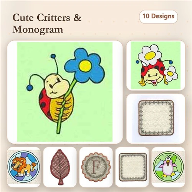 Cute Critters & Monograms Embroidery Designs Bundle – Ladybug, Happy Caterpillar, Lion & More (10 Designs)