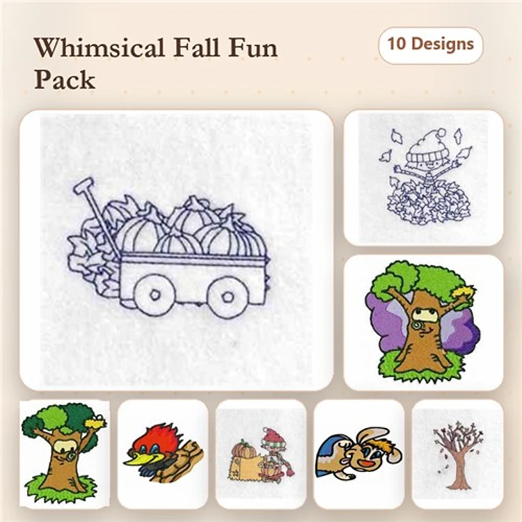 Whimsical Fall Embroidery Designs Bundle – Harvest Cart, Red Bird, Squirrel with Acorn & More (10 Designs)