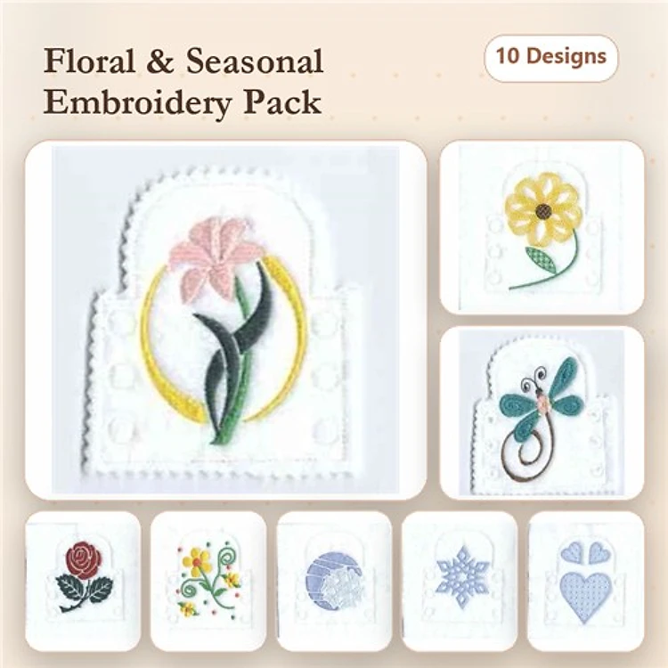 Floral and Seasonal Embroidery Designs Bundle – Flower with Circle, Daisy Flower, Butterfly & More (10 Designs)