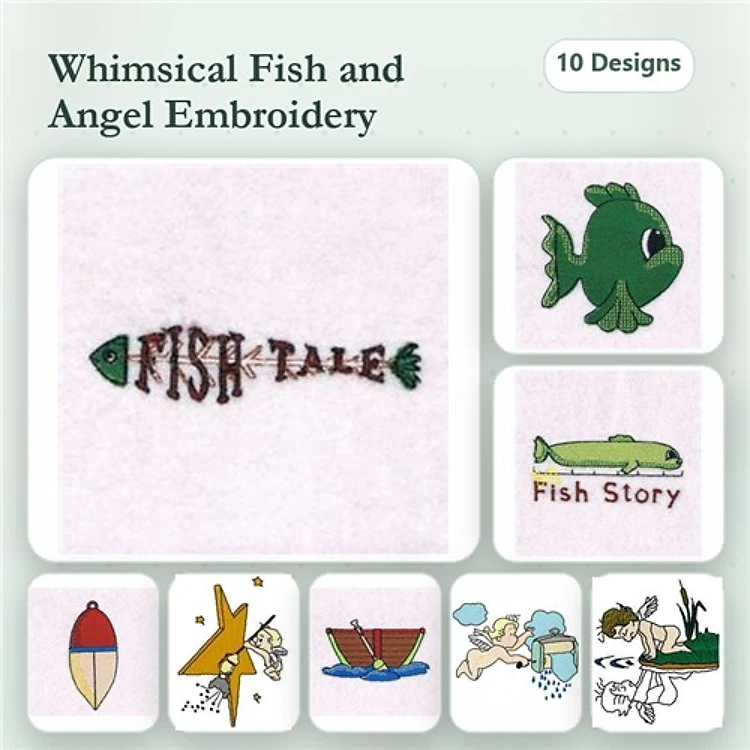 Fish & Angel Embroidery Designs Bundle – Fish Tale, Diving Angel, Sailing Boat & More (10 Designs)