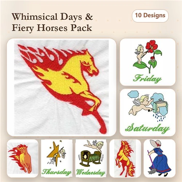 Fiery Horse & Whimsical Days Embroidery Designs Bundle – Fiery Horse, Friday, Saturday & More (10 Designs)