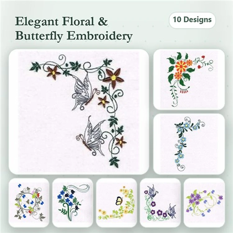 Floral & Butterfly Embroidery Designs Bundle – Floral Corner with Butterflies, Butterfly with Floral Accents, & More (10 Designs)