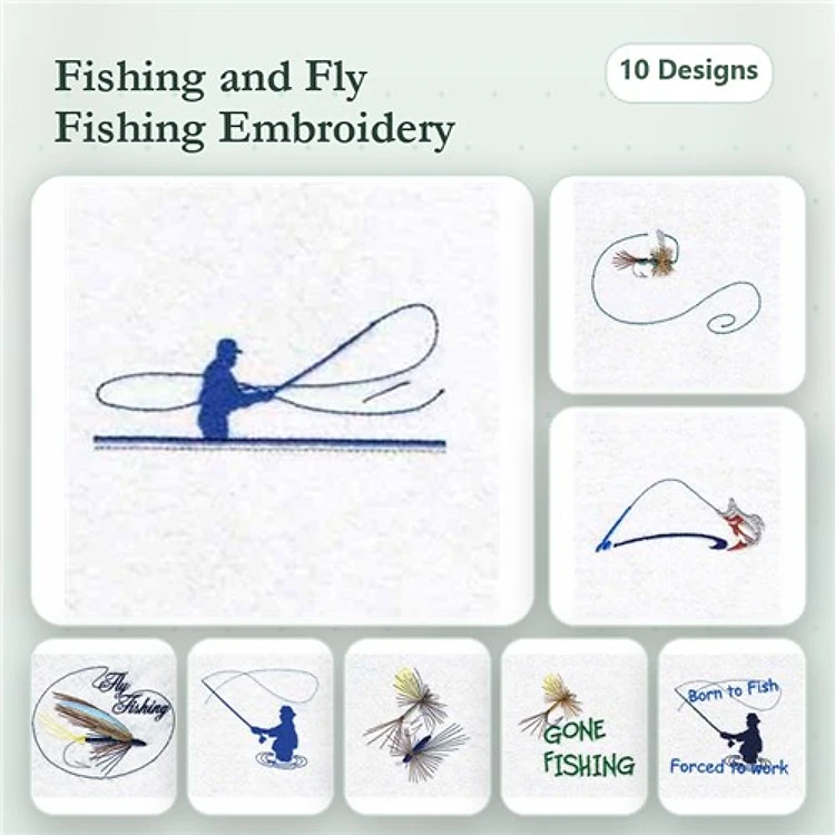 Fishing & Fly Fishing Embroidery Bundle – Fishing Line with Angler, Fly Fishing Lure, Gone Fishing & More (10 Designs)