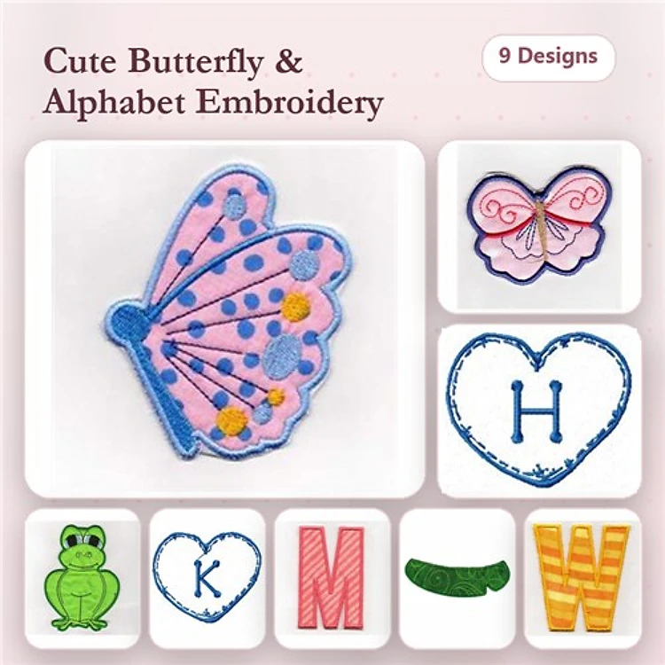 Applique Cute Butterfly & Alphabet Embroidery Designs Bundle – Butterfly with Dots, Heart, K Letter & More (9 Designs)