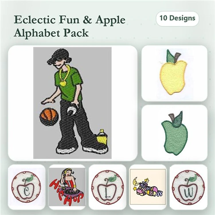 Applique Alphabet & Fun Themes Embroidery Designs Bundle – Basketball Player, Red Apple with Girl, Letter W in Apple Design & More (10 Designs)