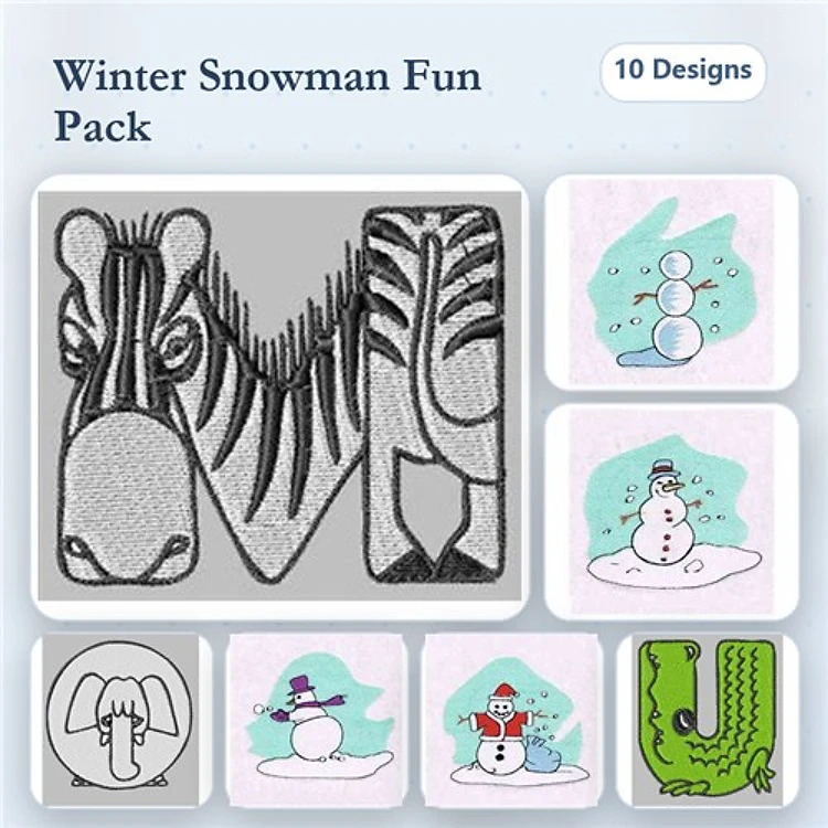 Winter Animal Embroidery Bundle – Snowman with Scarf, Zebra Design, Elephant Design & More (10 Designs)