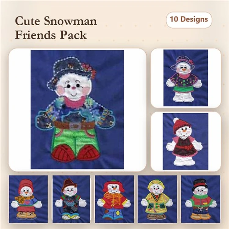 Applique Cute Snowman Characters Embroidery Bundle – Snowman in Blue Hat, Snowman with Red Scarf & More (10 Designs)