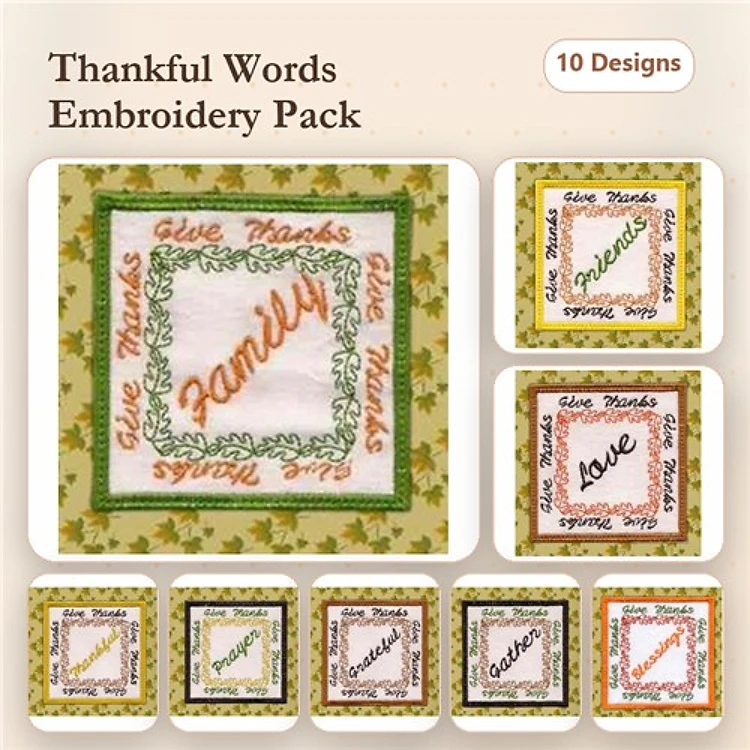 Thankful Words Embroidery Designs Bundle – Family, Love, Gratitude & More (10 Designs)