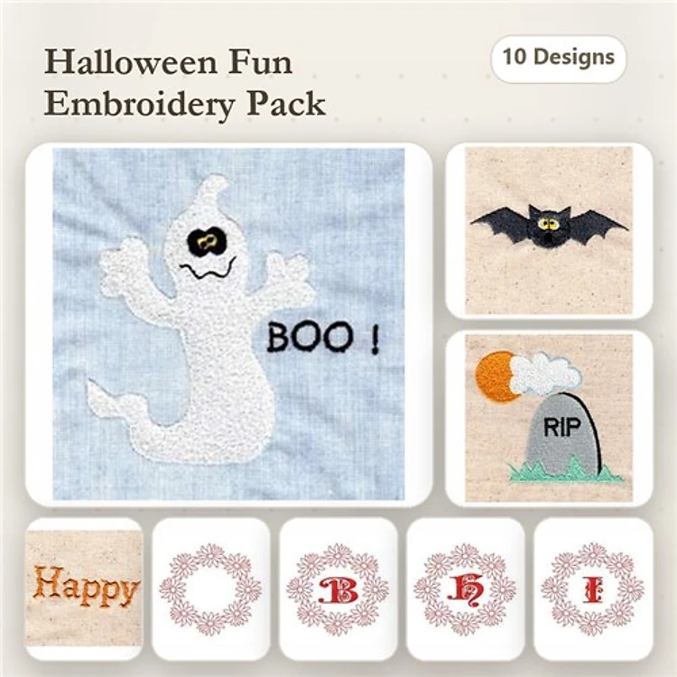 Halloween Characters Embroidery Designs Bundle – Ghost, Bat, Tombstone & More (10 Designs)