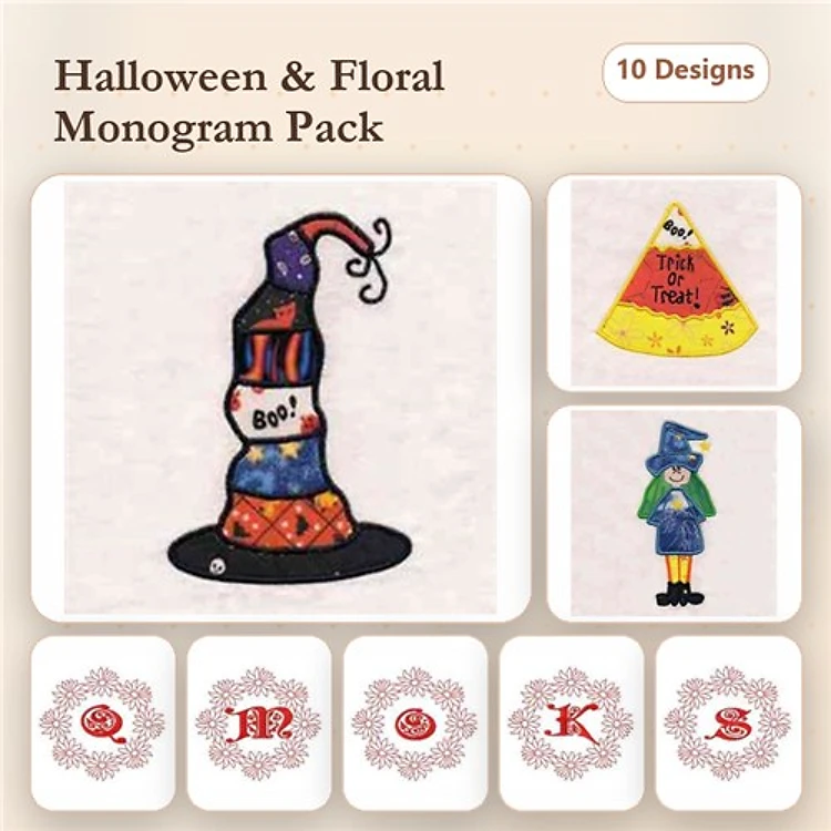 Halloween & Floral Monograms Embroidery Designs Bundle – Witch Hat, Candy Corn, Halloween Girl & More (10 Designs)