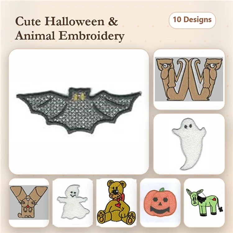 Applique Halloween Animal Embroidery Bundle – Bat, Ghost, Pumpkin, Teddy Bear & More (10 Designs)