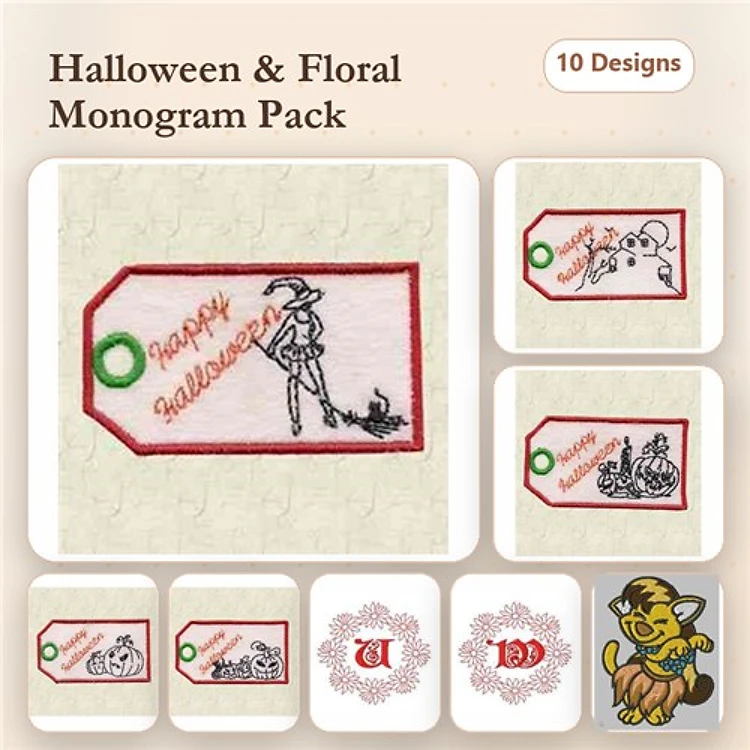 Halloween & Floral Monogram Embroidery Designs Bundle – Halloween Tag with Witch, Halloween Ghost, Floral Monogram U & More (10 Designs)