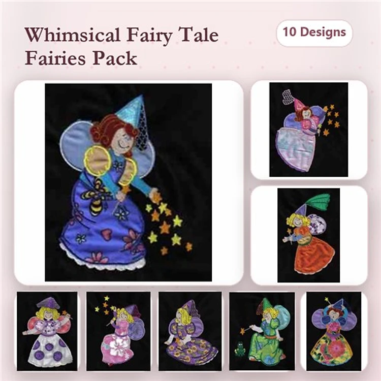 Applique Whimsical Fairy Tale Fairies Embroidery Bundle – Fairy with Star Wand, Fairy in Purple Dress, & More (10 Designs)