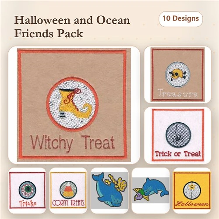 Halloween & Ocean Friends Embroidery Designs Bundle – Witchy Treat, Trick or Treat, Coral Dreams & More (10 Designs)