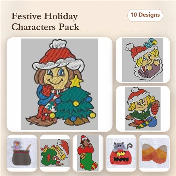 Festive Holiday Characters Embroidery Designs Bundle – Child with Christmas Tree, Santa with Gift, Girl with Christmas Ornament & More (10 Designs)