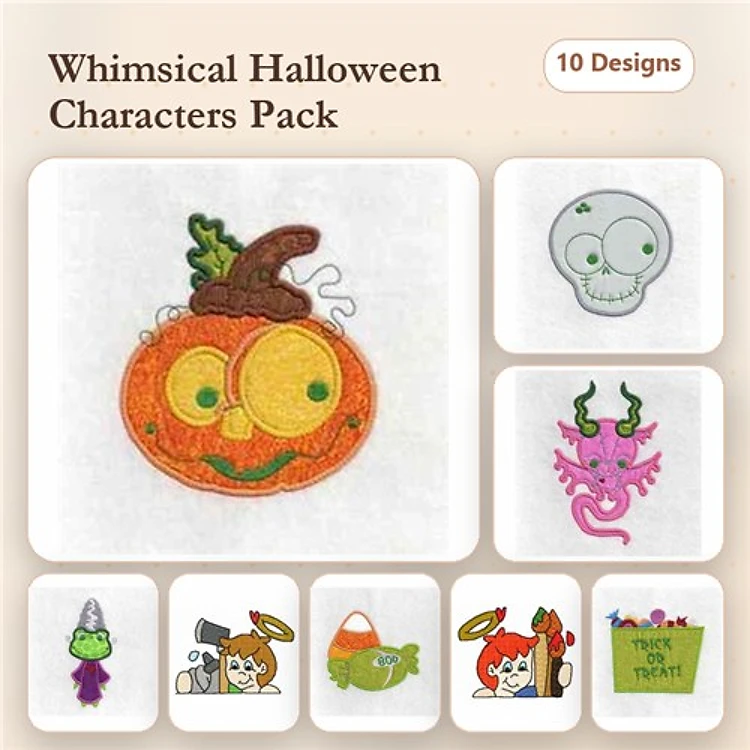 Applique Whimsical Halloween Characters Embroidery Bundle – Smiling Pumpkin, Skeleton Face, Purple Dragon & More (10 Designs)