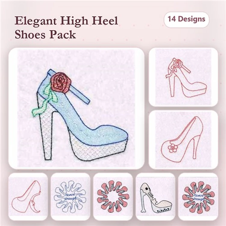 Elegant High Heel Shoes Embroidery Bundle – High Heel Shoe with Rose, High Heel Shoe with Flower, & More (14 Designs)