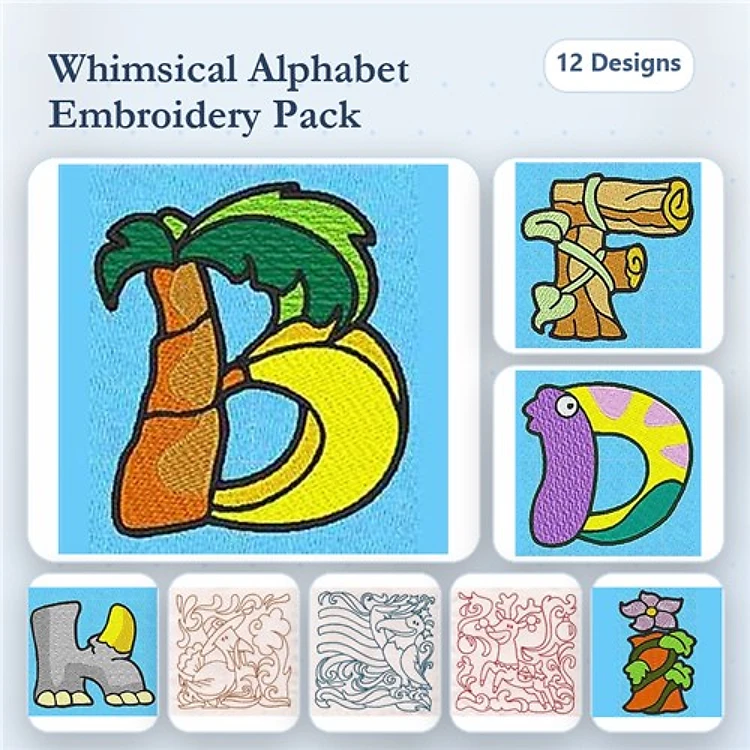 Whimsical Alphabet Embroidery Designs Bundle – Palm Tree Letter B, Colorful Letter D, Wooden Letter F & More (12 Designs)