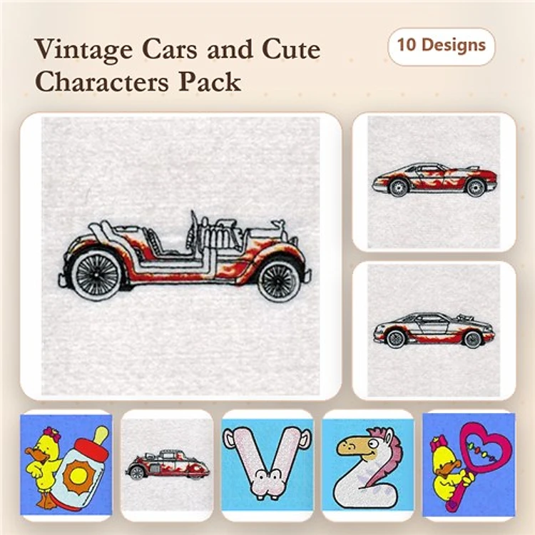 Redwork Vintage Cars & Cute Characters Embroidery Bundle – Vintage Car, Chicken, Dinosaur & More (10 Designs)