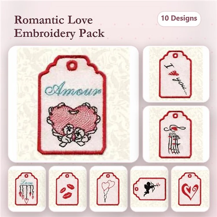 Redwork Romantic Love Embroidery Designs Bundle – Amour Tag, Heart Balloon Tag, Cupid Silhouette Tag & More (10 Designs)