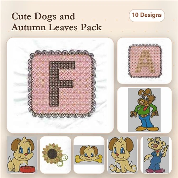 Dogs Embroidery Bundle – Cute Puppy with Sunflower, Dog Character in Blue Shirt, Autumn Leaf & More (10 Designs)
