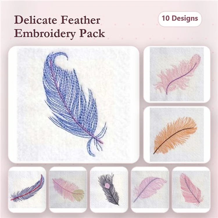 Delicate Feather Embroidery Designs Bundle – Blue Feather, Pink Feather, Orange Feather & More (10 Designs)