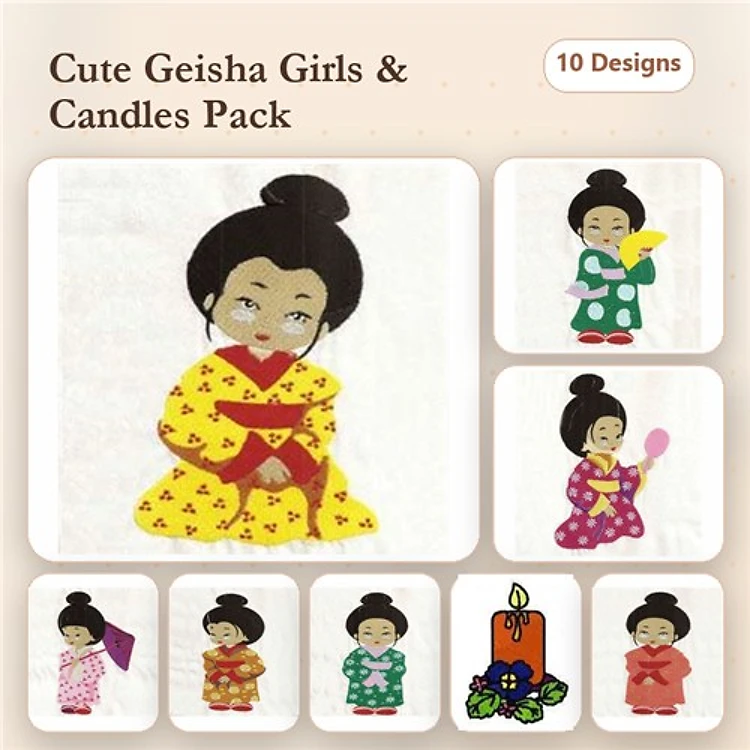 Applique Geisha Girls & Candle Embroidery Bundle – Yellow Kimono, Green Kimono with Spoon, Red Kimono & More (10 Designs)