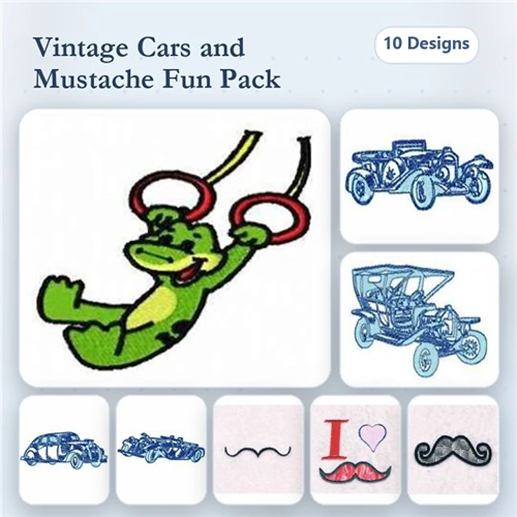 Vintage Cars & Mustaches Embroidery Designs Bundle – Vintage Car, Mustache, Cartoon Alligator & More (10 Designs)