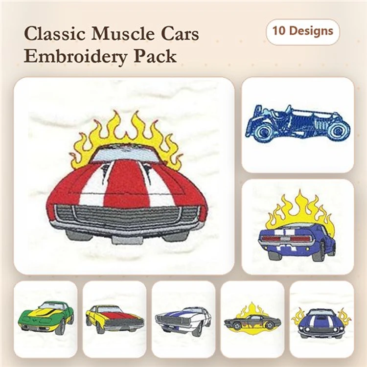 Muscle Cars Embroidery Designs Bundle – Vintage Muscle Car with Flames, Classic Race Car, Convertible Muscle Car & More (10 Designs)