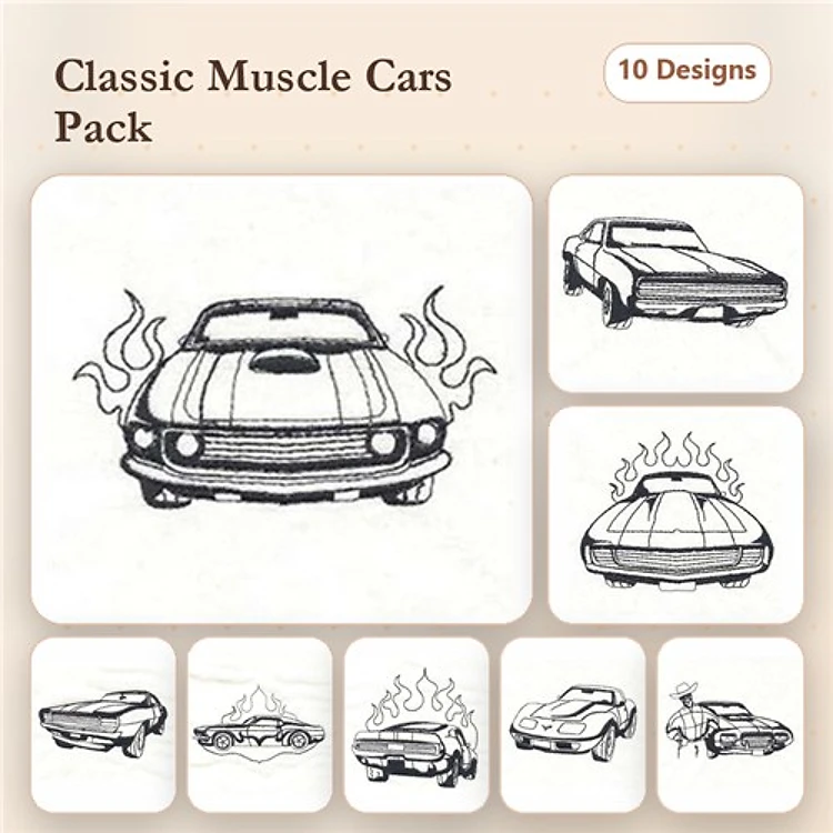 Classic Muscle Car Embroidery Designs Bundle – Muscle Car with Flames, Classic Muscle Car Side View & More (10 Designs)