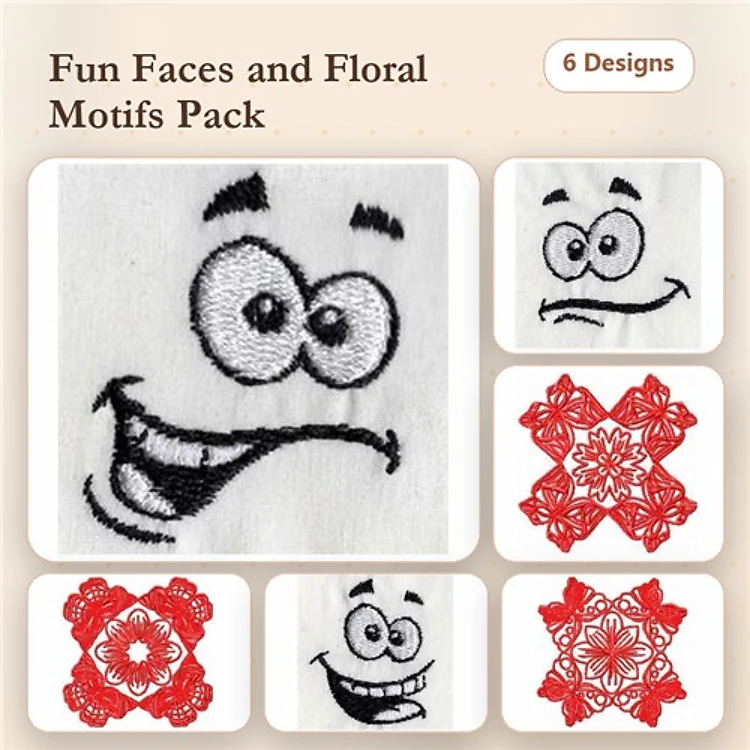 Redwork Faces & Floral Embroidery Designs Bundle – Smiling Face, Surprised Face, Sad Face & More (6 Designs)