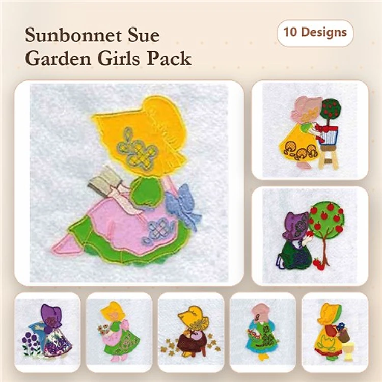 Applique Sunbonnet Sue Garden Girls Embroidery Bundle – With Flowers, Basket, Tree & More (10 Designs)