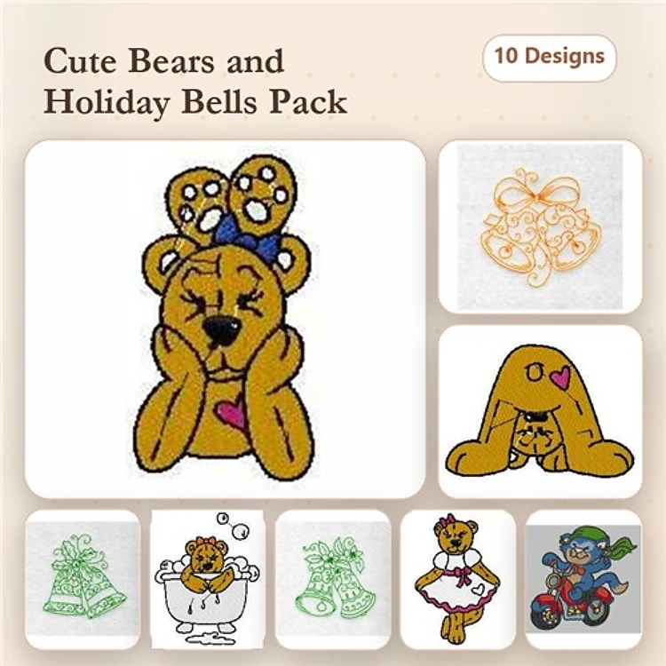 Redwork Bears & Holiday Bells Embroidery Designs Bundle – Sleeping Bear with Bow, Bear with Heart, & More (10 Designs)