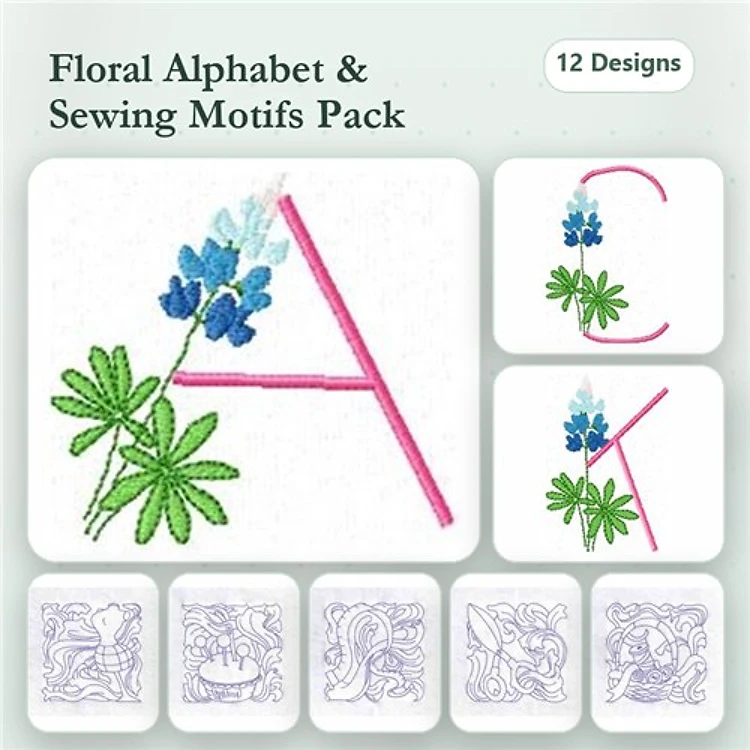 Redwork Floral Alphabet & Sewing Embroidery Bundle – Floral Letter A, Floral Letter K, Sewing Motif 1 & More (12 Designs)