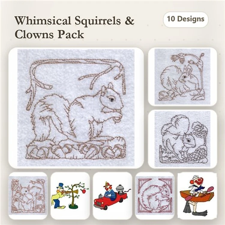 Redwork Squirrels & Clowns Embroidery Designs Bundle – Squirrel with Acorn, Clown with Flower & More (10 Designs)