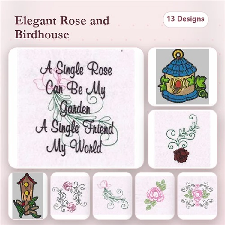 Roses & Birdhouses Embroidery Bundle – Single Rose Quote, Birdhouse, Floral Accent & More (13 Designs)