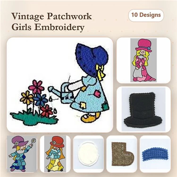 Vintage Girls with Floral Elements Embroidery Bundle – Girl Watering Flowers, Girl with Flowers, Girl Swinging & More (10 Designs)