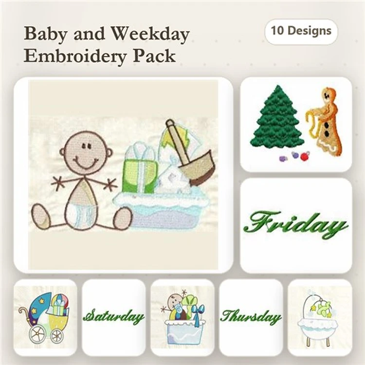 Baby & Weekday Embroidery Designs Bundle – Happy Baby with Gifts, Christmas Tree, Gingerbread Man & More (10 Designs)