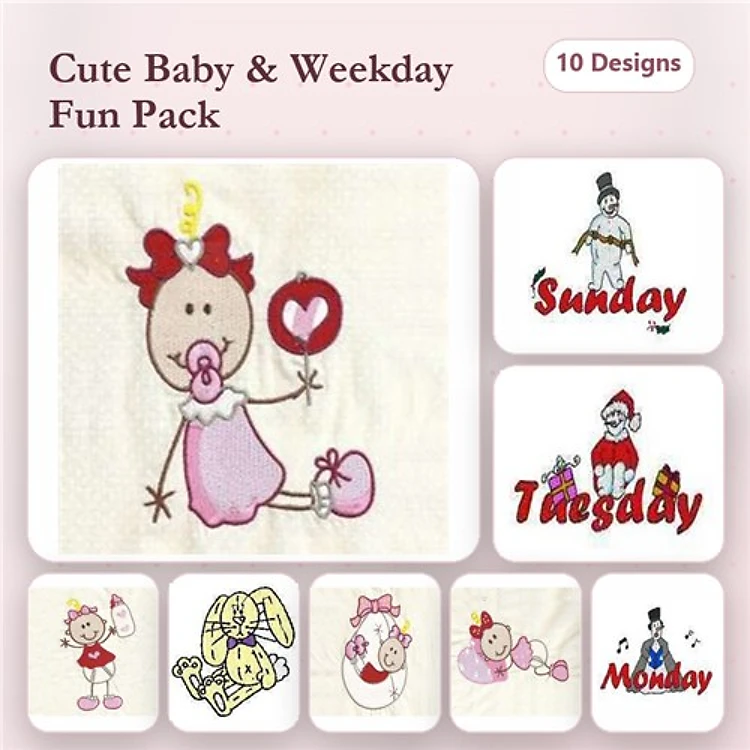 Cute Baby & Weekday Embroidery Bundle – Baby with Balloon, Sunday, Tuesday, Happy Face & More (10 Designs)