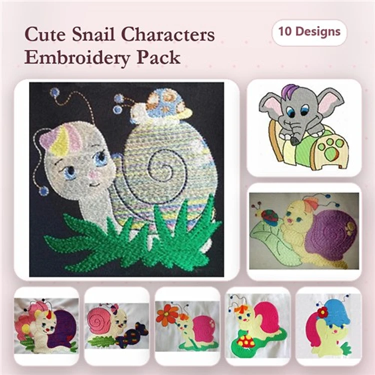 Applique Cute Snail Characters Embroidery Designs Bundle – Snail with Flower, Snail in Shell, Flower Snail & More (10 Designs)
