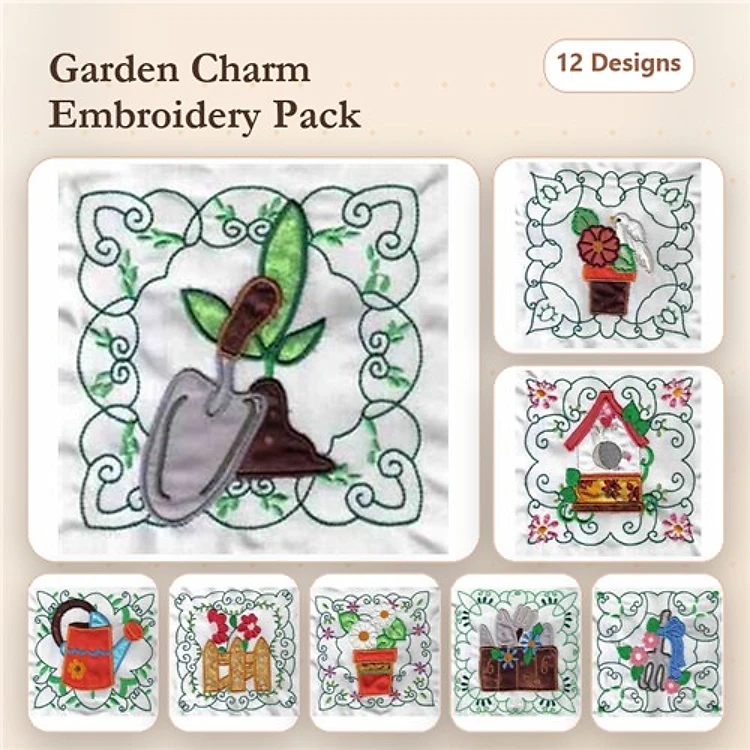Applique Gardening Embroidery Bundle – Gardening Shovel, Potted Flower, Watering Can & More (12 Designs)